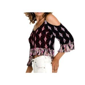 2800 RAGA Alice Cold Shoulder embroidered boho Blouse NAVY sz M new